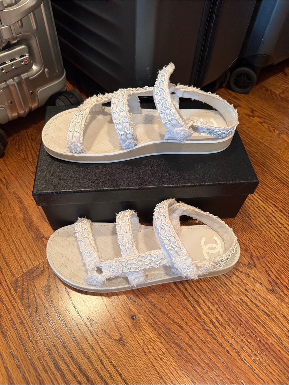 CHANEL White Fringed Strap Platform Sandals